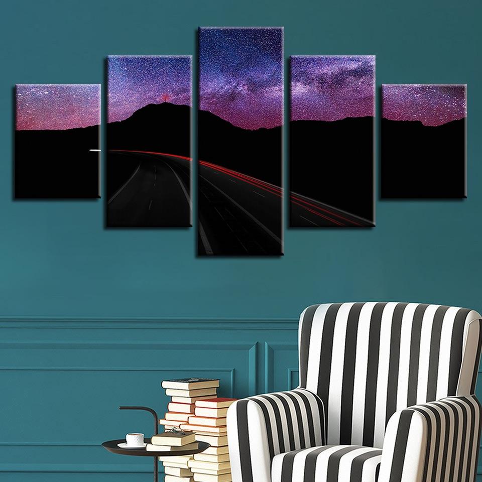 Highway And Mountain Beautiful Starry Sky – Nature Canvas Wall Art