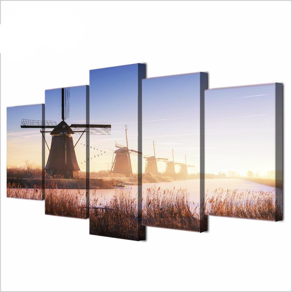Holland Windmills By The River – Nature Canvas Wall Art