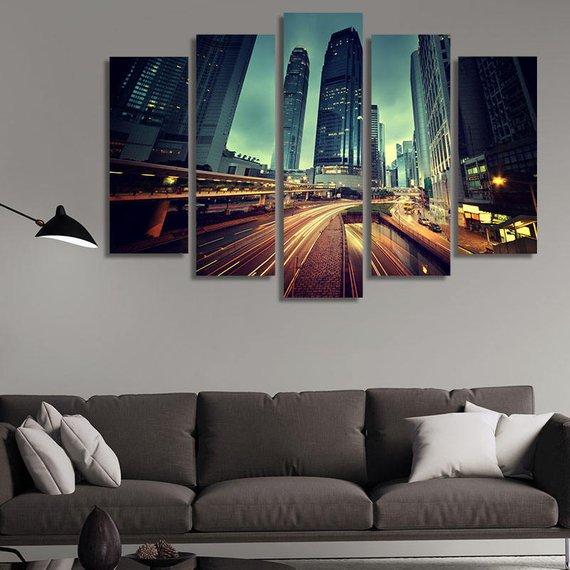 Hong Kong Traffic At Sunset High-Rise Buildings – Nature Canvas Wall Art