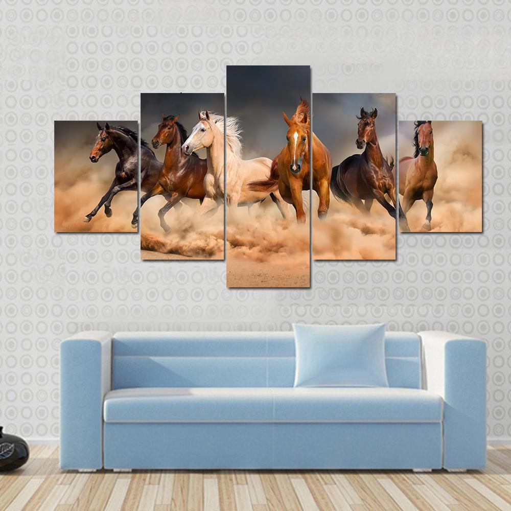 Horse Herd Run In Desert – Animal Canvas Wall Art