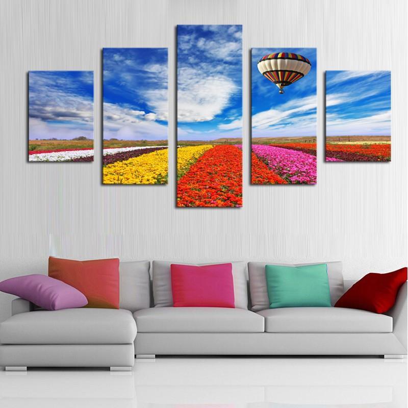 Hot Air Balloon And Flowers – Nature Canvas Wall Art