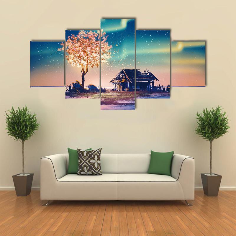 House &Amp; Tree Lights Under Northern Lights – Nature Canvas Wall Art