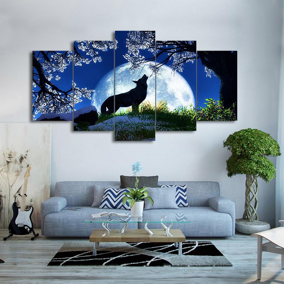 Howling Wolf Blue Moon Cherry Blossoms Night – Animal Canvas Wall Art