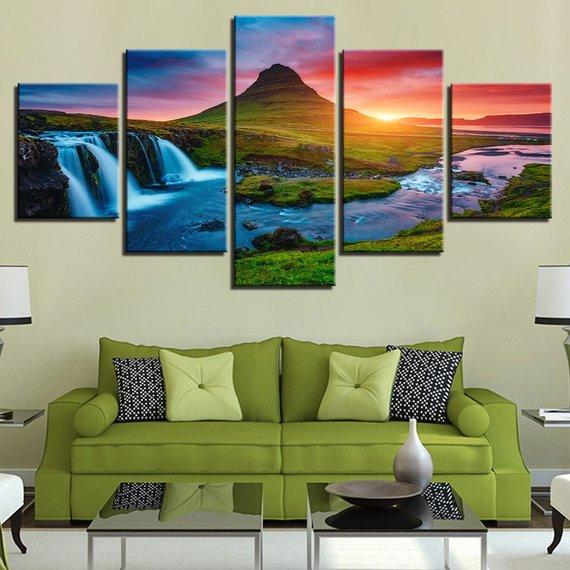 Iceland Waterfall Green Mountain River Sunset Landscape – Nature Canvas Wall Art