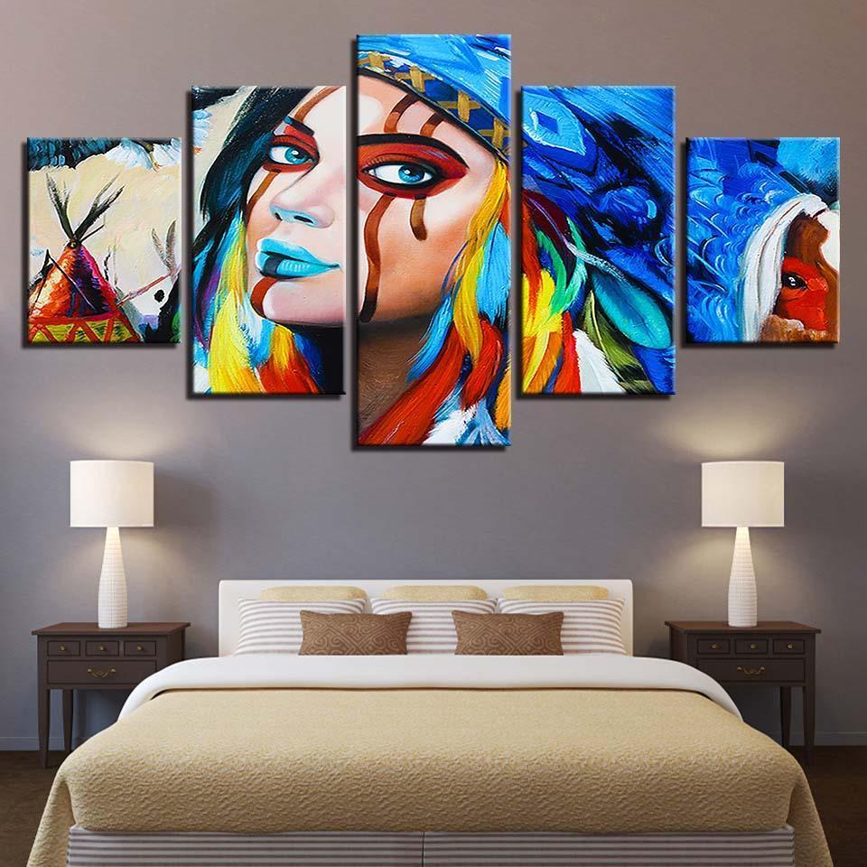 Indians Feathers American Native Girl – Abstract Canvas Wall Art