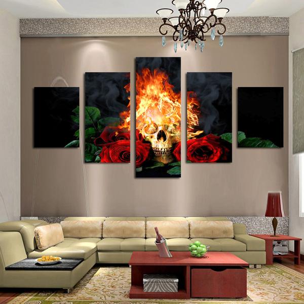 Ire Skull Red Rose Modern Home Abstract Canvas Wall Art