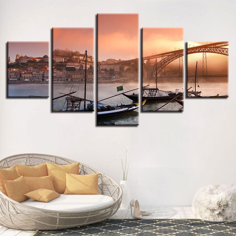Iron Bridge Ship Sunset – Nature Canvas Wall Art