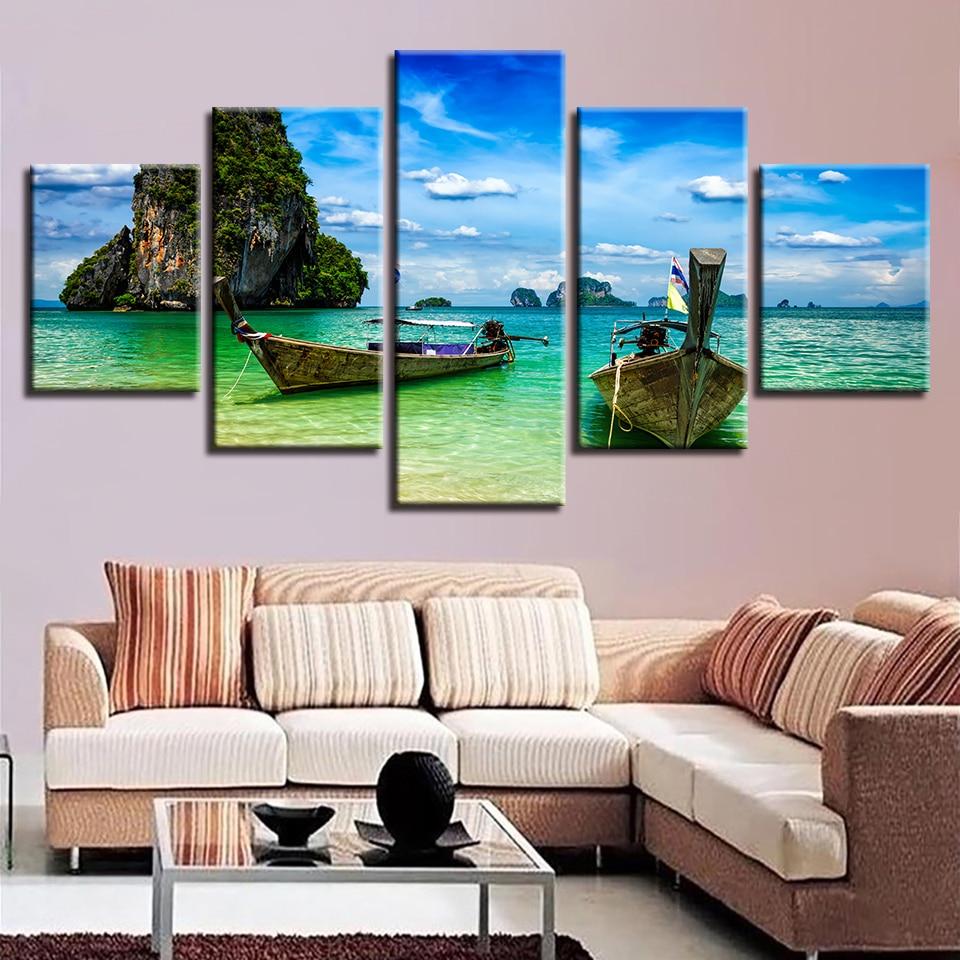 Island Ship And Blue Sky White Cloud – Ocean Canvas Wall Art