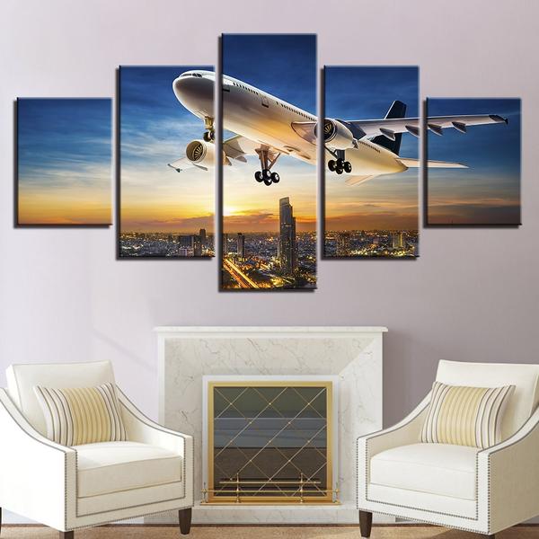 Jet Aircraft Sunset Landing Landscape – Airplane Canvas Wall Art