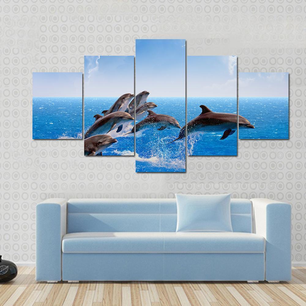 Jumping Dolphins In Blue Sea – Animal Canvas Wall Art