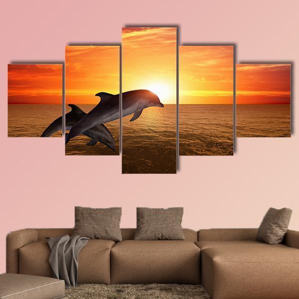 Jumping Dolphins In Red Sunset – Animal Canvas Wall Art