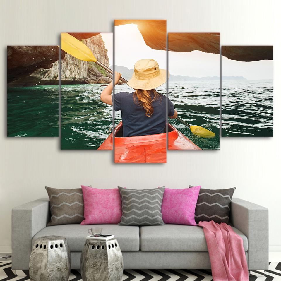 Kayak Girl Sailing Cross The Hole – Sport Canvas Wall Art