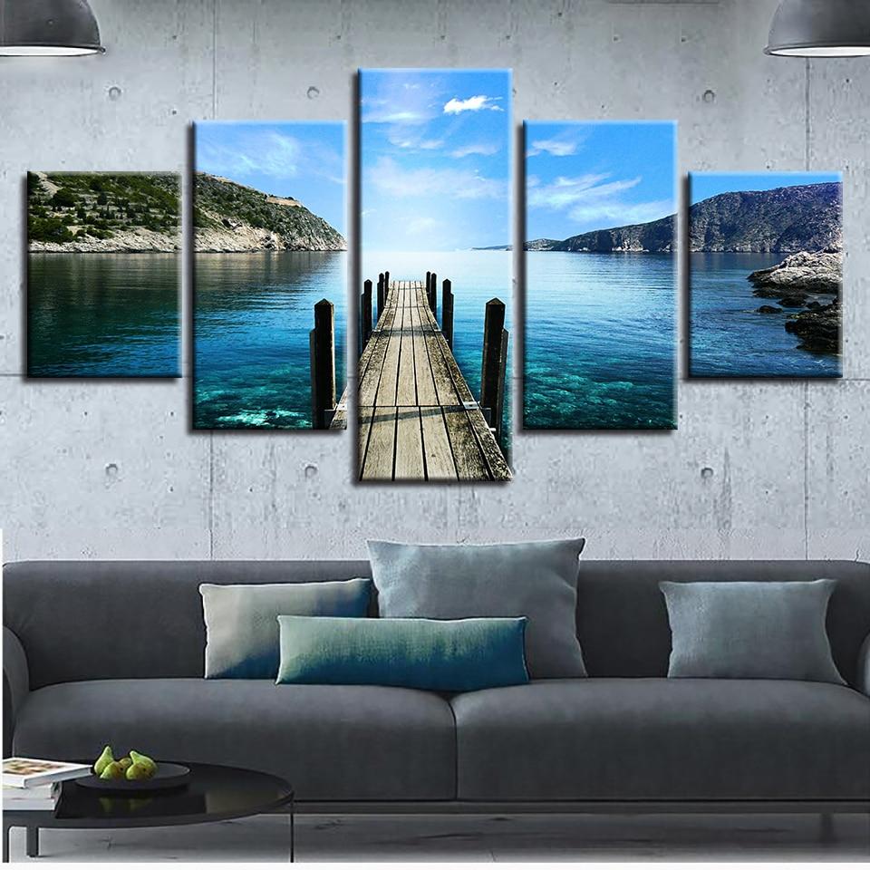 Lake Bridge Mountain And Blue Sky White – Nature Canvas Wall Art