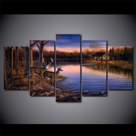 Lake Deers In The Beautiful – Animal Canvas Wall Art