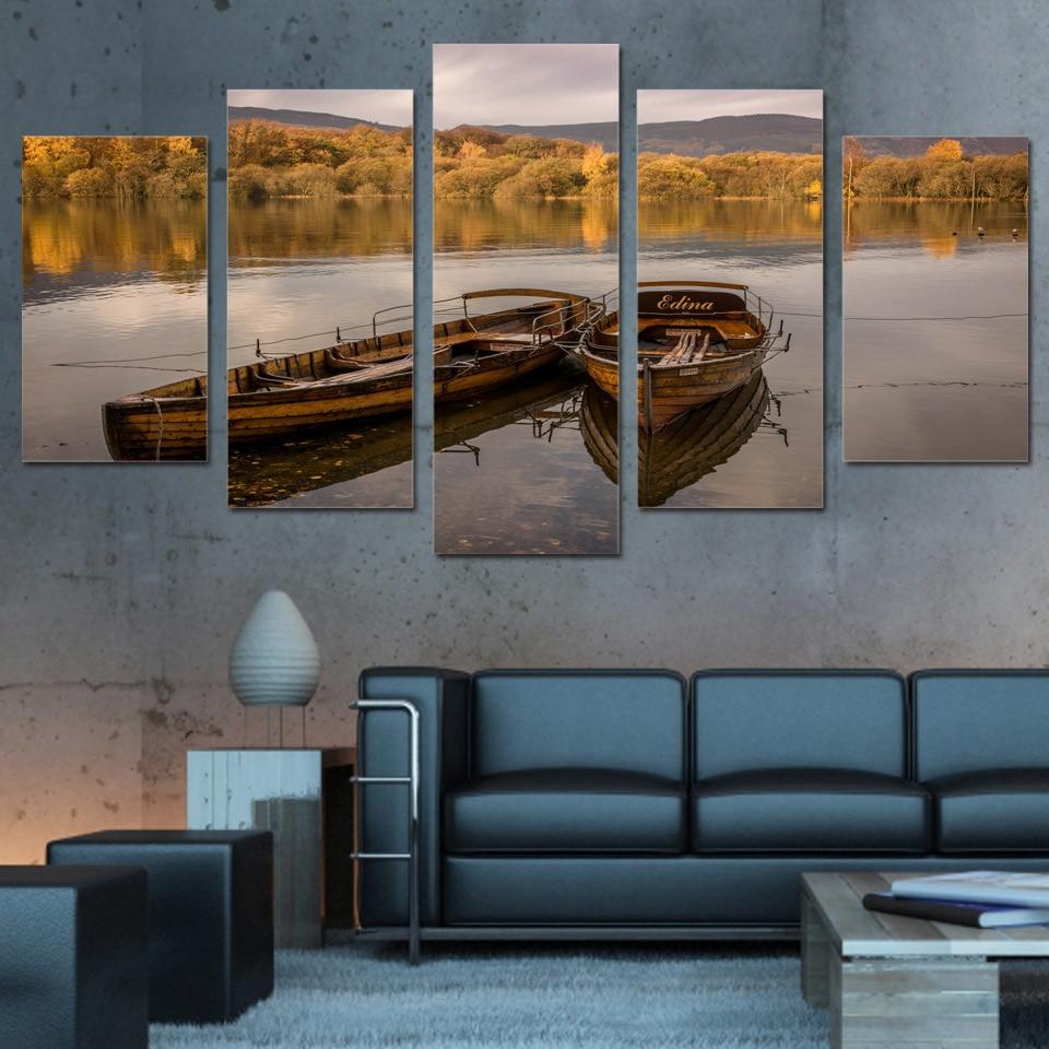 Lake Floating Boat Yellow Forest Sunset – Nature Canvas Wall Art