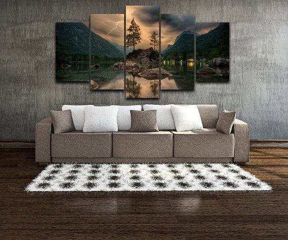 Lake Mountains Lightning 2 – Nature Canvas Wall Art