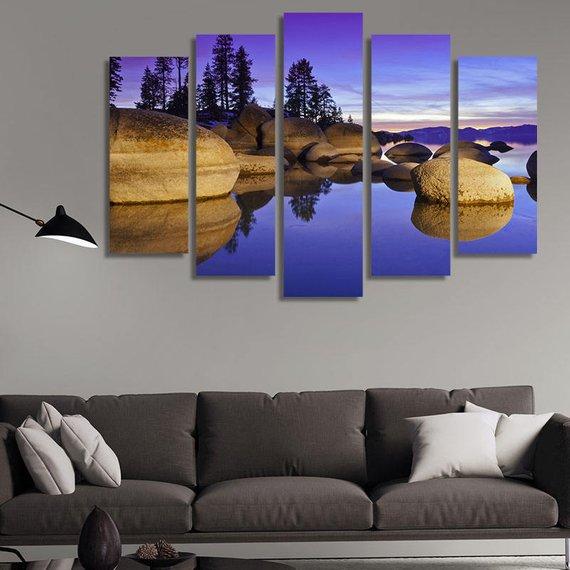 Lake Tahoe At Sunset Granite Boulders – Nature Canvas Wall Art