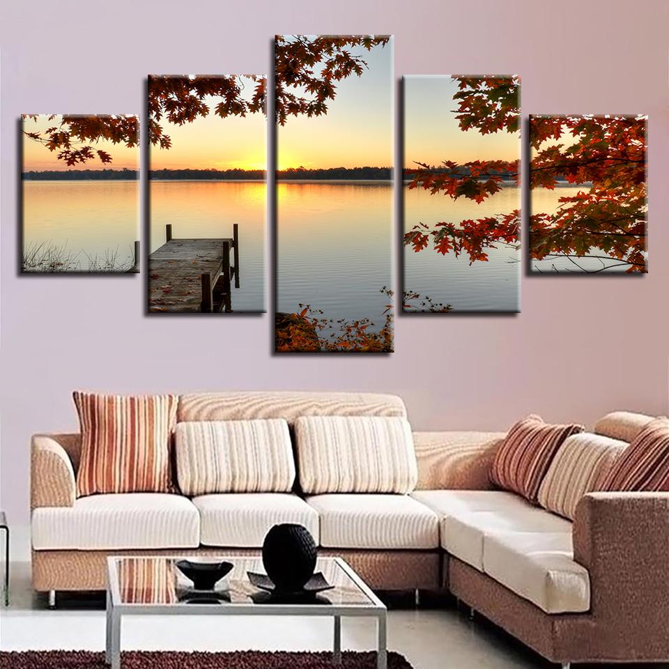 Lake Woods Bridge Red Tree Sunset 1 – Nature Canvas Wall Art