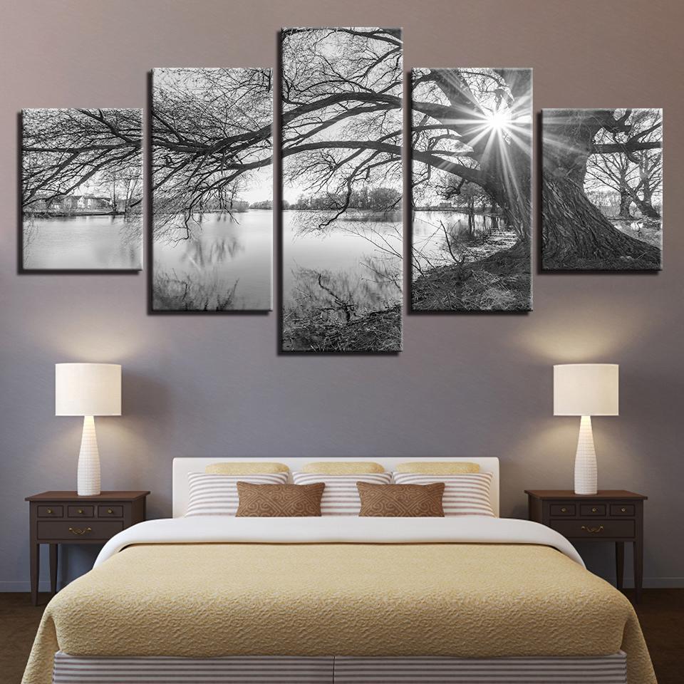 Lakeside Big Trees Black White Landscape – Nature Canvas Wall Art
