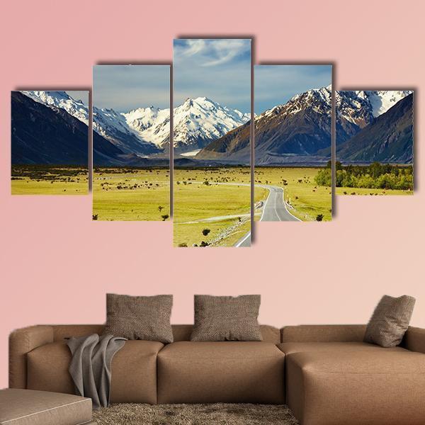 Landscape With Road And Snowy Mountains – Nature Canvas Wall Art