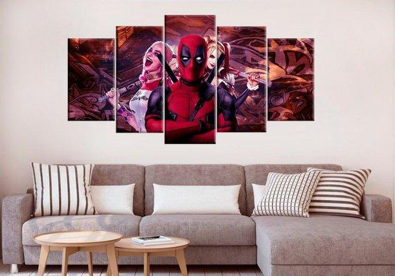 Large Deadpool Harley Quinn Modern Movie Canvas Wall Art