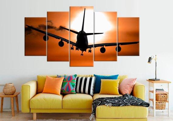 Large Set Airplane Sunset – Airplane Canvas Wall Art
