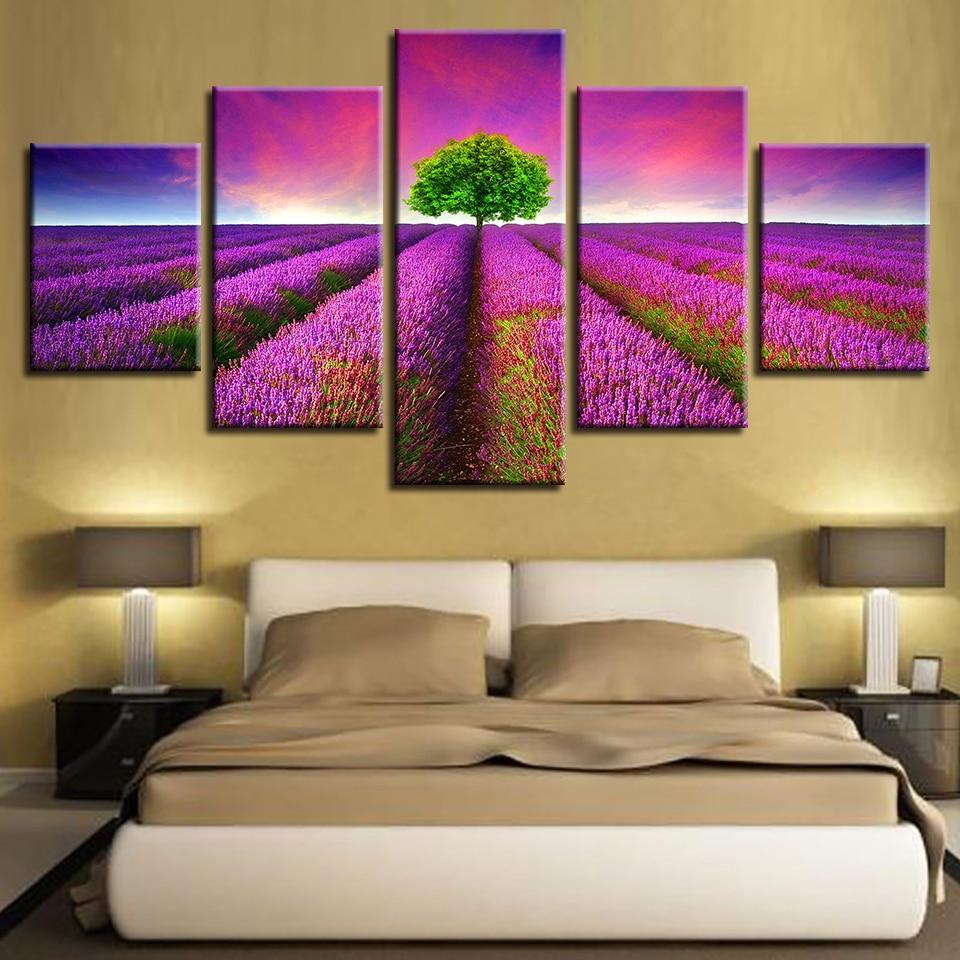 Lavender Flowers Sea Green Tree – Nature Canvas Wall Art
