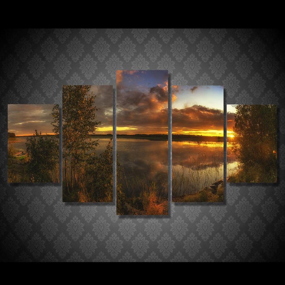 Leto Ozero Bereg Lodka Kamni – Nature Canvas Wall Art