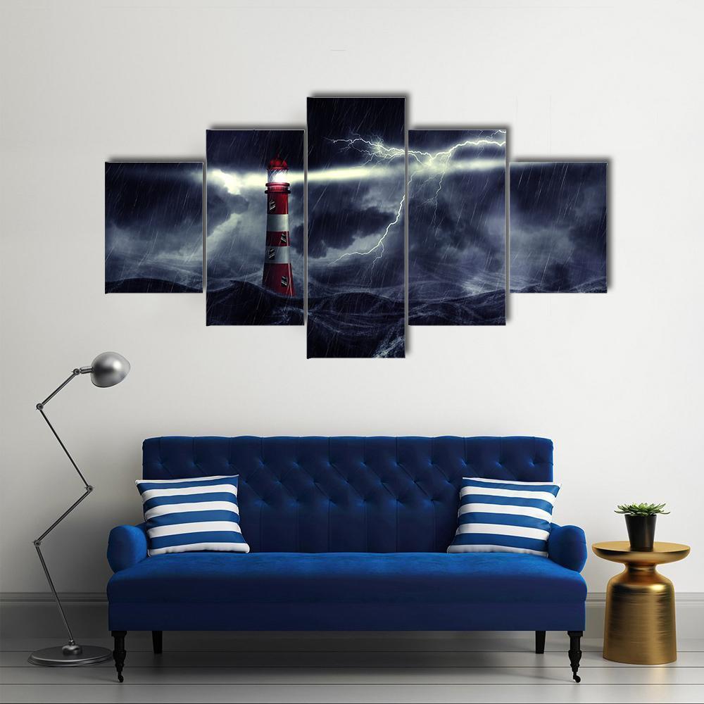 Lighthouse Illuminated At Night Stormy Sea In Thunderstorm – Nature Canvas Wall Art