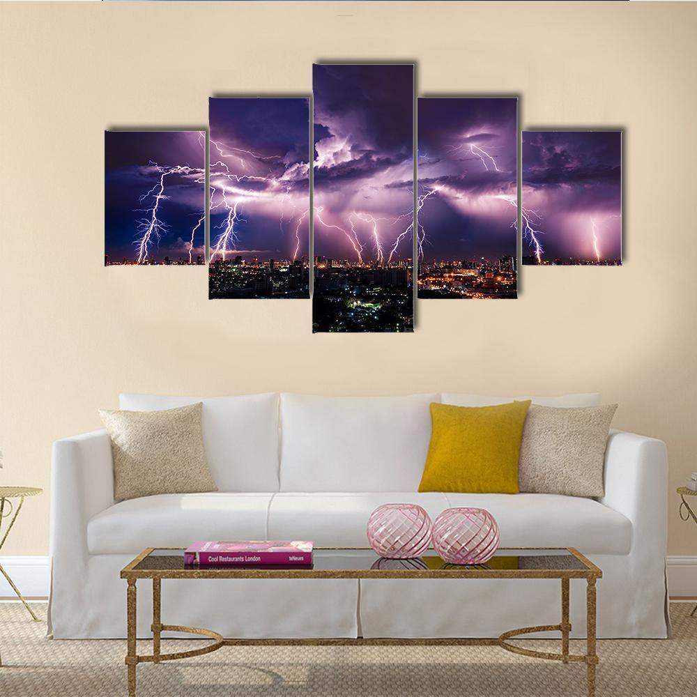 Lightning Storm Over City In Purple Light – Nature Canvas Wall Art