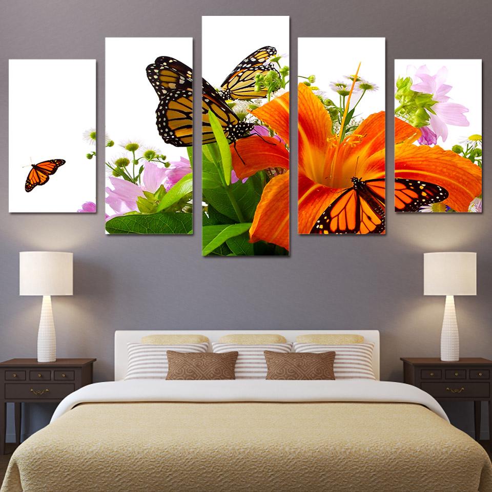 Lilies And Orange Butterflies – Abstract Canvas Wall Art