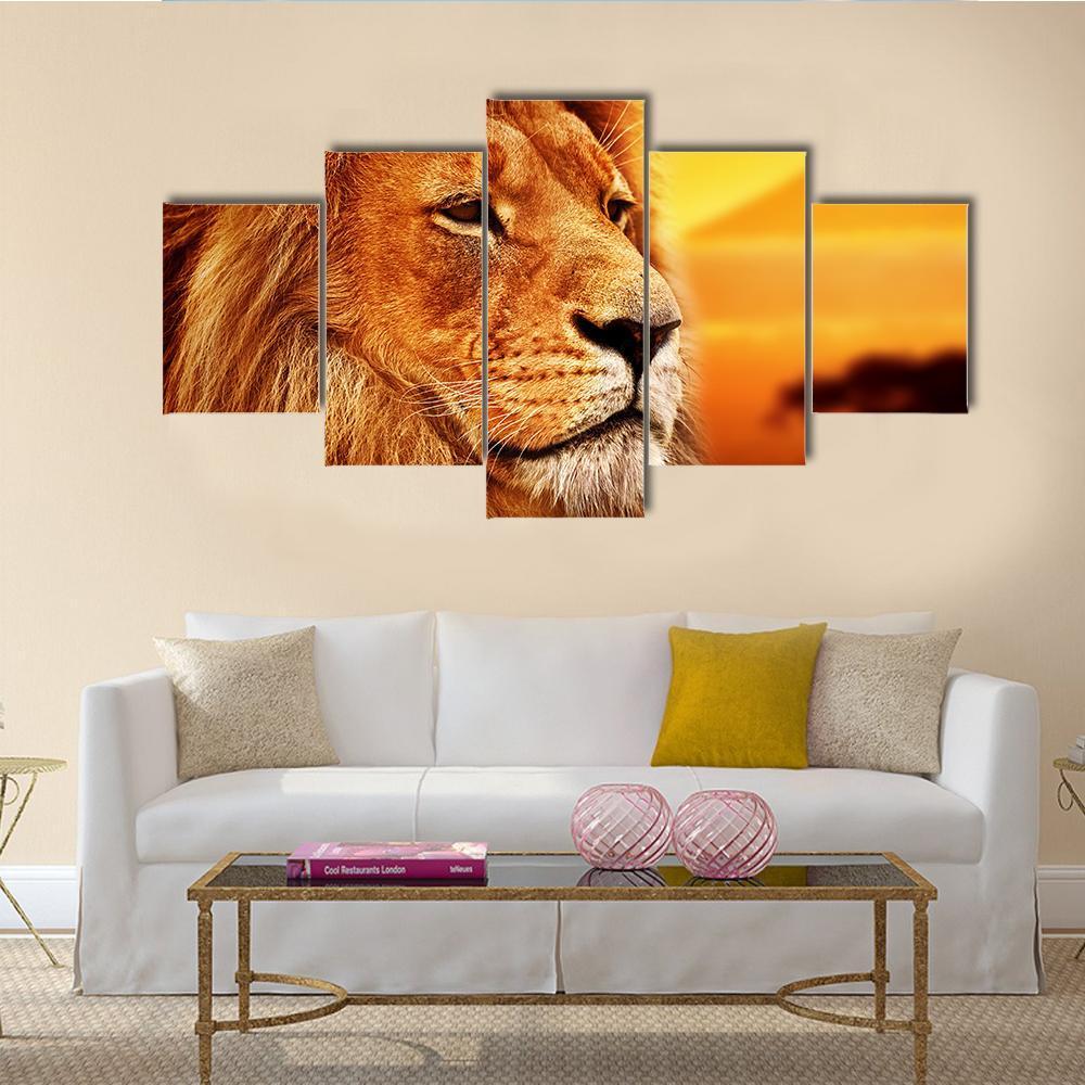 Lion On Savanna Landscape At Sunset – Animal Canvas Wall Art