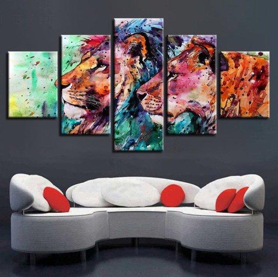 Lions Couple Colorful Lions – Abstract Animal Canvas Wall Art