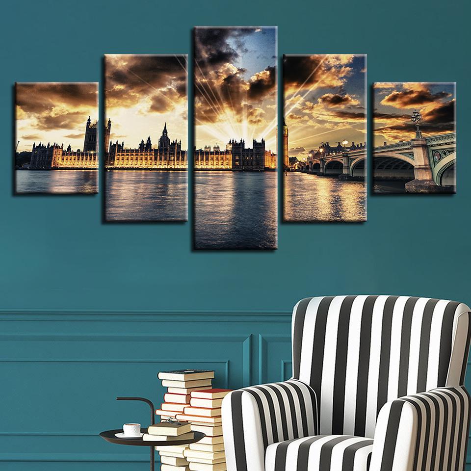 London City Beautiful Building And Bridge Sunshine – Nature Canvas Wall Art