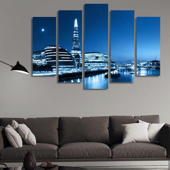 London Skyline Panorama At Night In Blue – Nature Canvas Wall Art