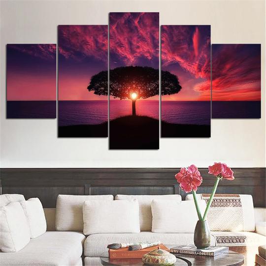 Lone Tree On Bluff At Sunset – Nature Canvas Wall Art