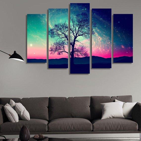 Lonely Tree Over The Night Sky With Many Stars – Abstract Canvas Wall Art
