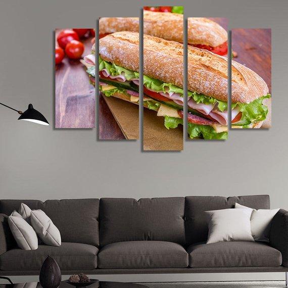 Long Baguette Sandwich With Ham – Kitchen Canvas Wall Art