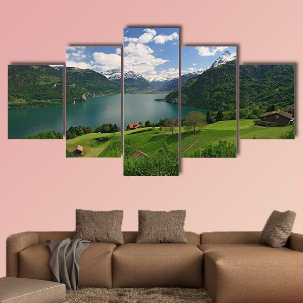 Looking Over Fields Farms And Lake Lucerne – Nature Canvas Wall Art
