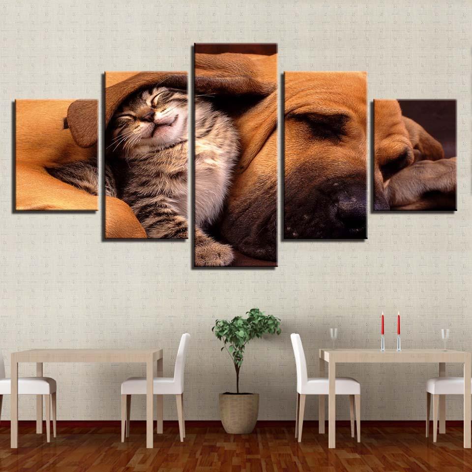 Lovely Cat And Dog Sleeping Together – Animal Canvas Wall Art
