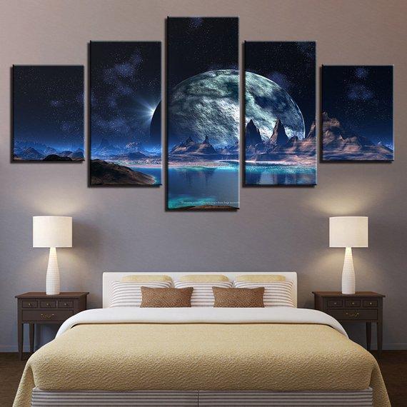Lunar Starry Sky Mountain Lake Night View Space – Nature Canvas Wall Art