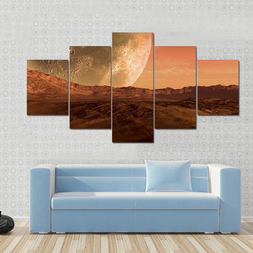 Mars Like Red Planet With Giant Moon At The Horizon – Nature Canvas Wall Art