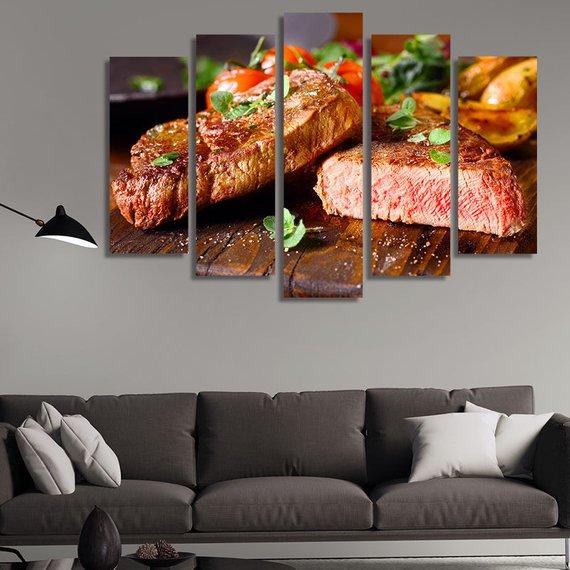 Medium-Rare Beef Steaks Freshly Grilled – Kitchen Canvas Wall Art