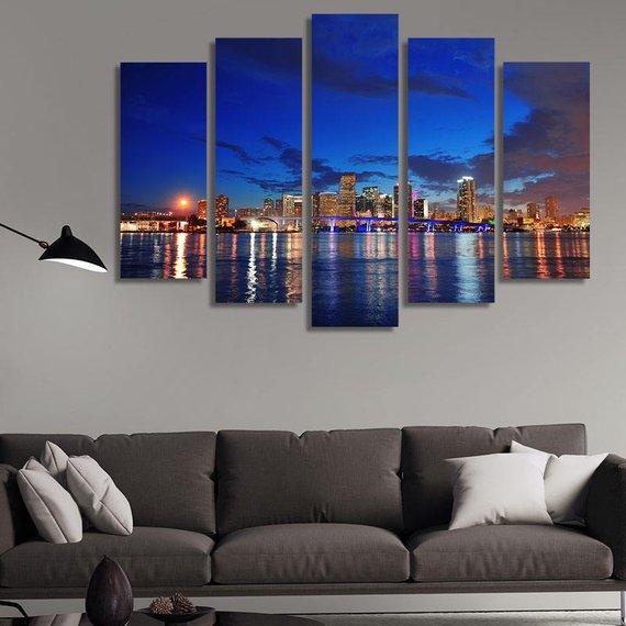 Miami City Skyline At Night – Nature Canvas Wall Art
