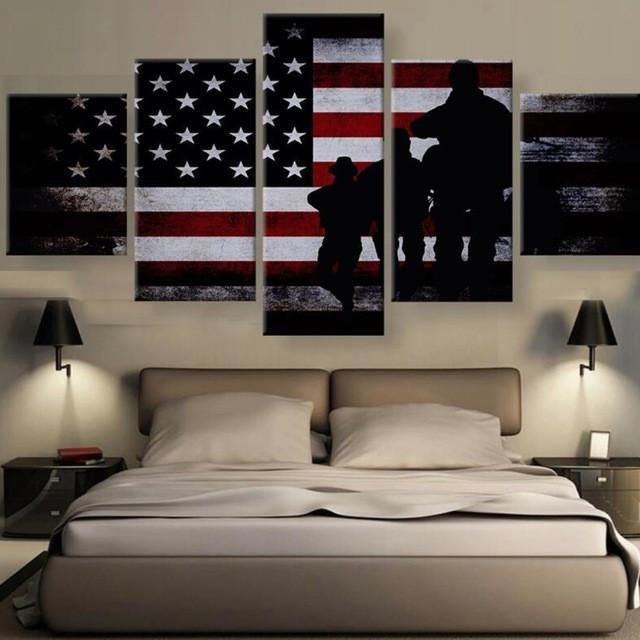 Military Silhouette With Flag At Sunset – Army Canvas Wall Art