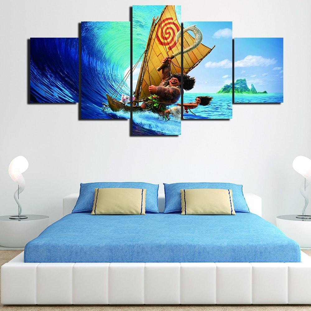 Moana And Maui Surfing – Cartoon Canvas Wall Art
