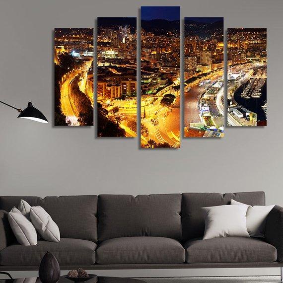 Monaco At Night View – Nature Canvas Wall Art