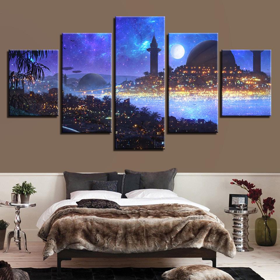 Moon And City Building – Nature Canvas Wall Art
