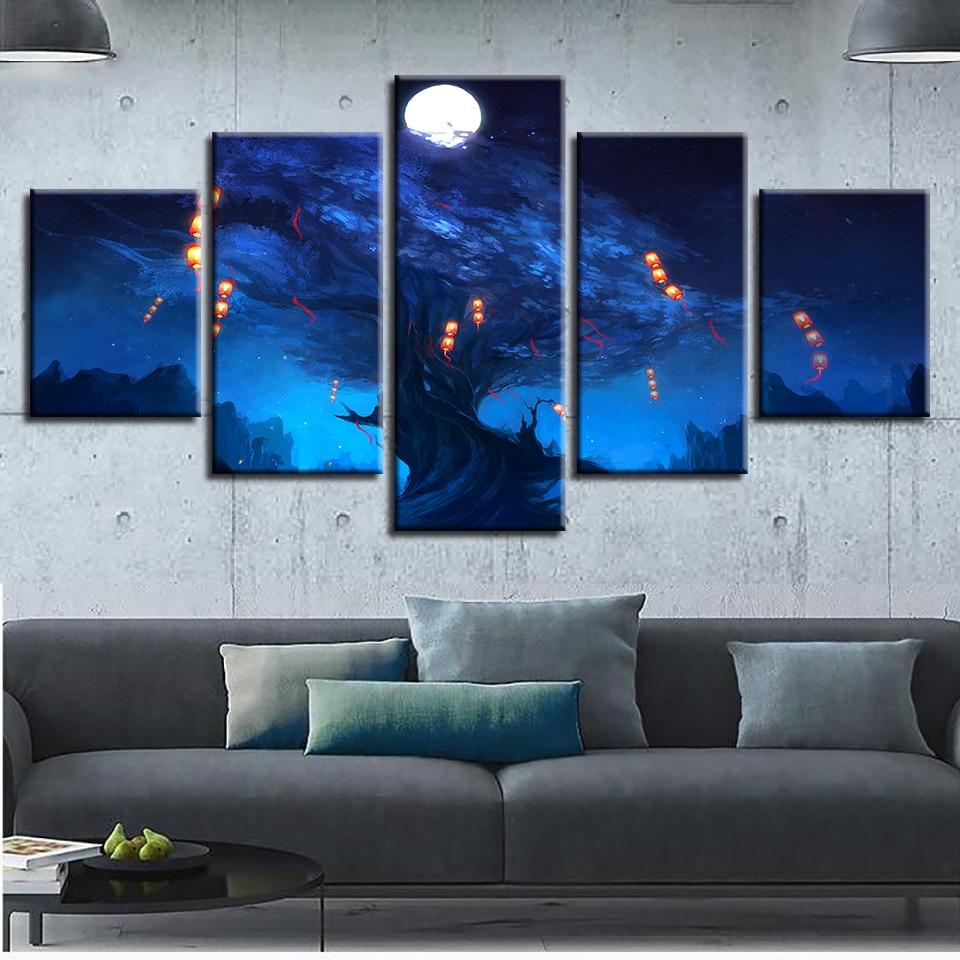 Moon And Lanterns Hang From The Tree Night – Nature Canvas Wall Art