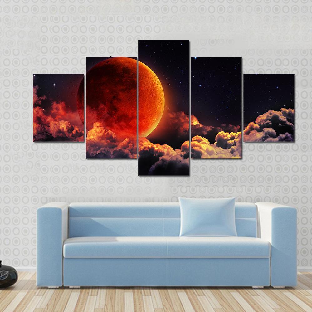 Moon Eclipse Planet Red Blood With Clouds – Nature Canvas Wall Art